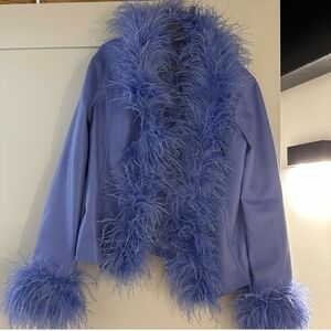 HOUSE OF CB SALOME CORNFLOWER VEGAN LEATHER TRIMMED JACKET